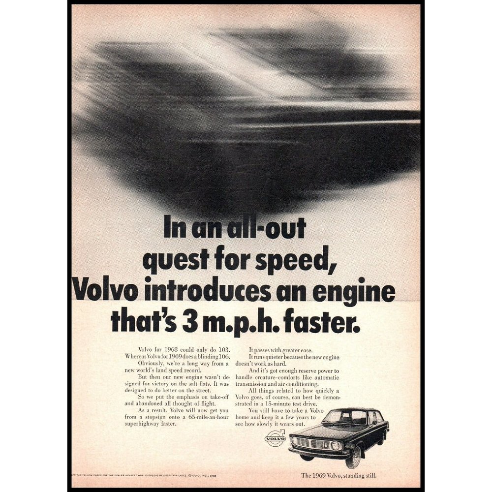 1969 Volvo 4 Door Sedan Vintage Print Ad Time Lapse Blur Wall Art Photo Sweden